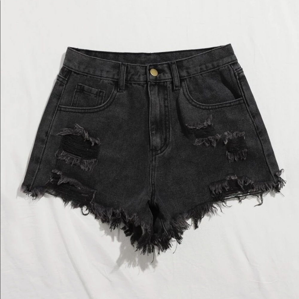 Distressed raw hem ripped denim jean shorts black minimalist - Picture 1 of 4
